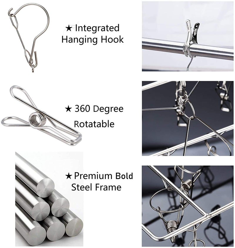 Skroad Stainless Steel Sock Drying Rack with 36 Clips, Swivel Hook Wind-Proof Clothes Hanger Rack for Sock, Bras, Underwear, Laundry Accessories - Image 2